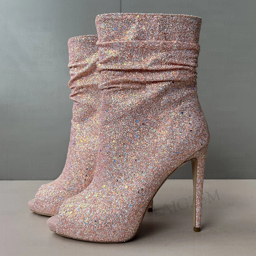 Bling Glitter Women Ankle Boots Peep Toe Stiletto High Heels Pleated Short Booties