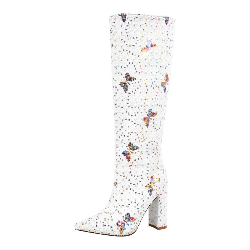 Pointed Toe  Knee High Boots  Block Heel Fashion White Boots