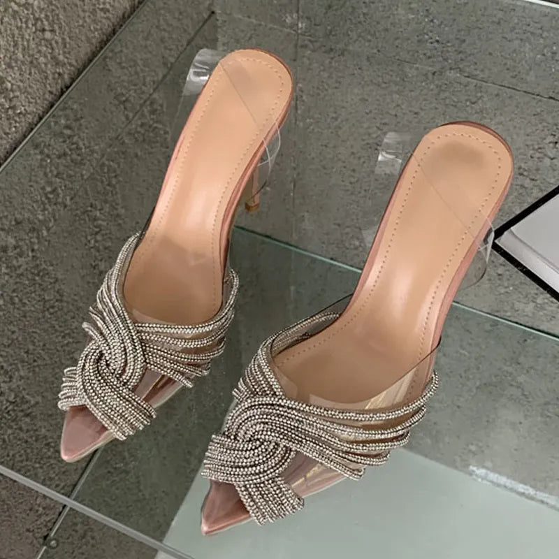 Sexy Crystal Transparent Pointed Toe Woman Pumps High Heels Slingback Sandals