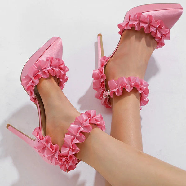 Fashion Design Pleated Silk Ankle Strap Women Platform Pumps