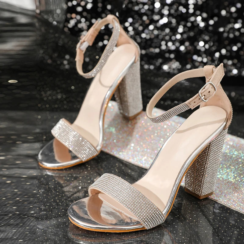 Summer Fashion Silver Rhinestone Square High Heels Sandals Elegant Women