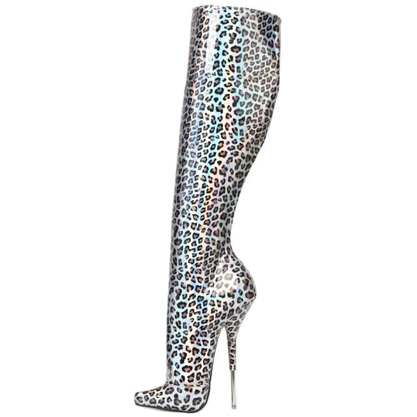 18CM Super High Heel Women Sexy Leopard Print Metal Thin Heels  Knee-high Boots