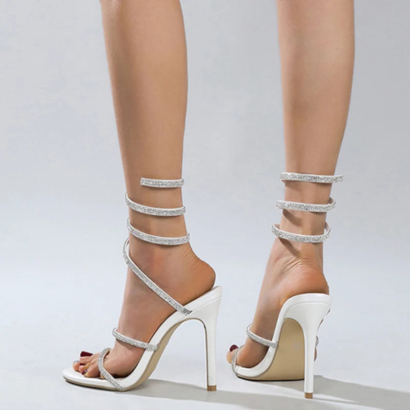 White  Summer  Crystal Rhinestone Snake Shape Surround Ankle Strap High Heels Shoes