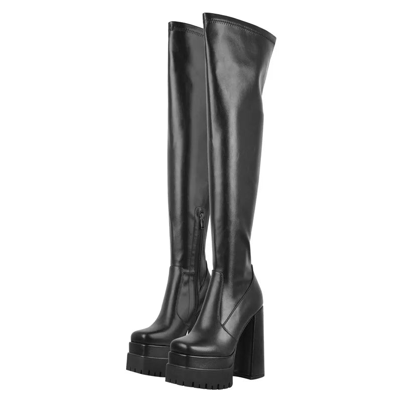 Over The Knee Boots Women Black Mate Thick Platform High Heels