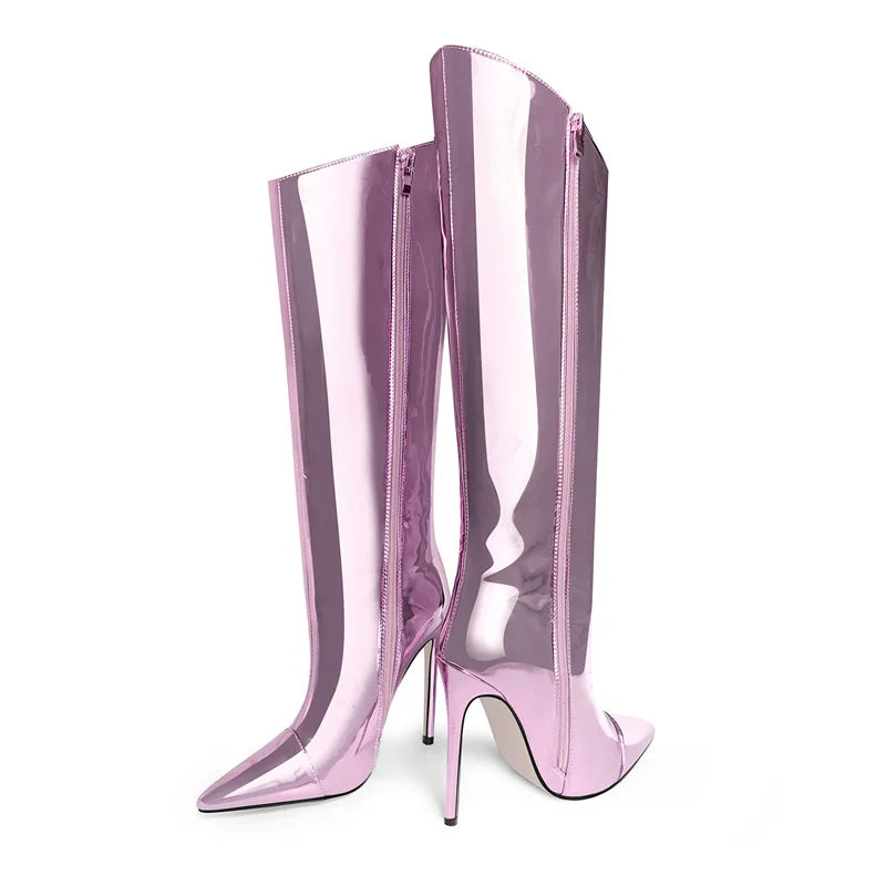 Women Stiletto Knee High Boots Metallic Purple Gold Patent Leather  Boots