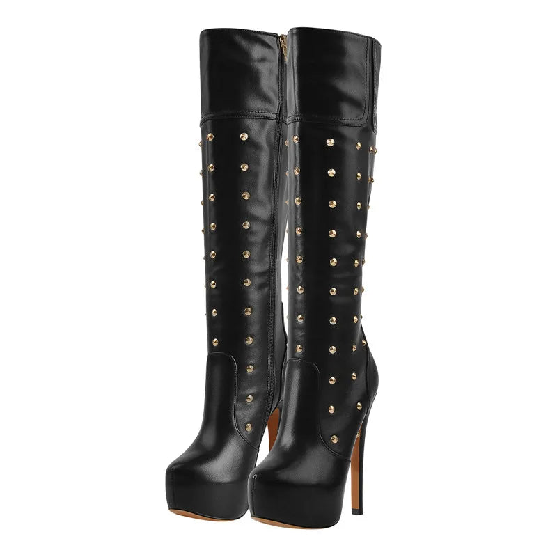 Platform Boots  Round Toe Stiletto Zipper Knee High High Heel Rivet Handmade Fashion Boots