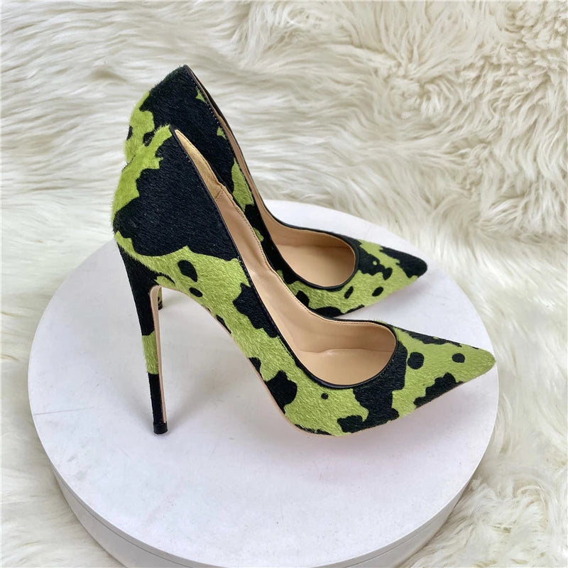 Hairy Grafitti Pattern Women Green Pointy Toe High Heel Shoes