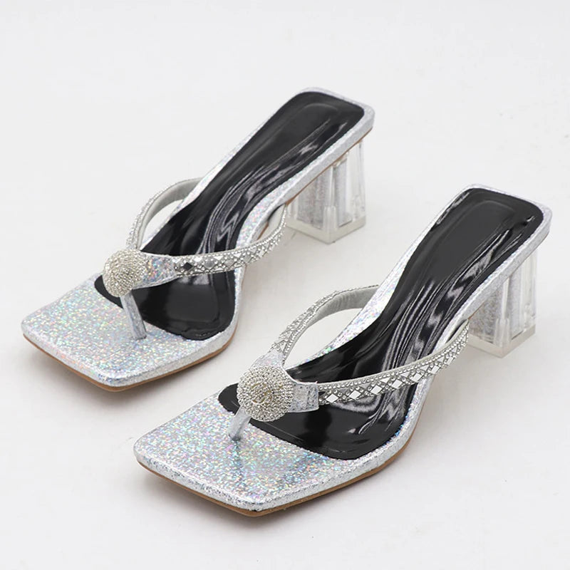 Fashion Glitter Rhinestones Women Transparent Low Heels Slippers Crystal Strap Sandals