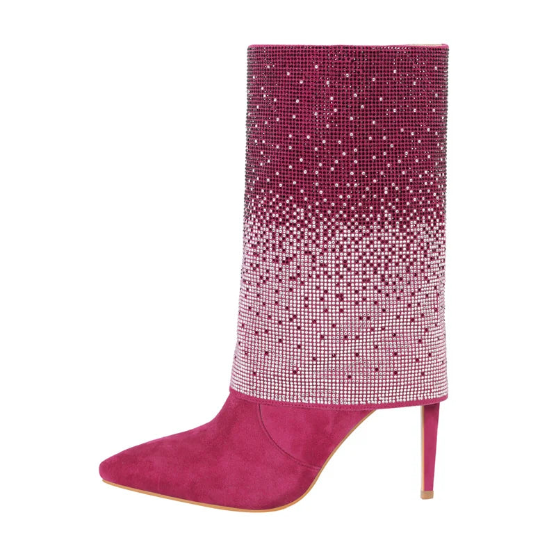 Rhinestone Fold Over Mid-Calf Trouser Tube Slip-On Boots