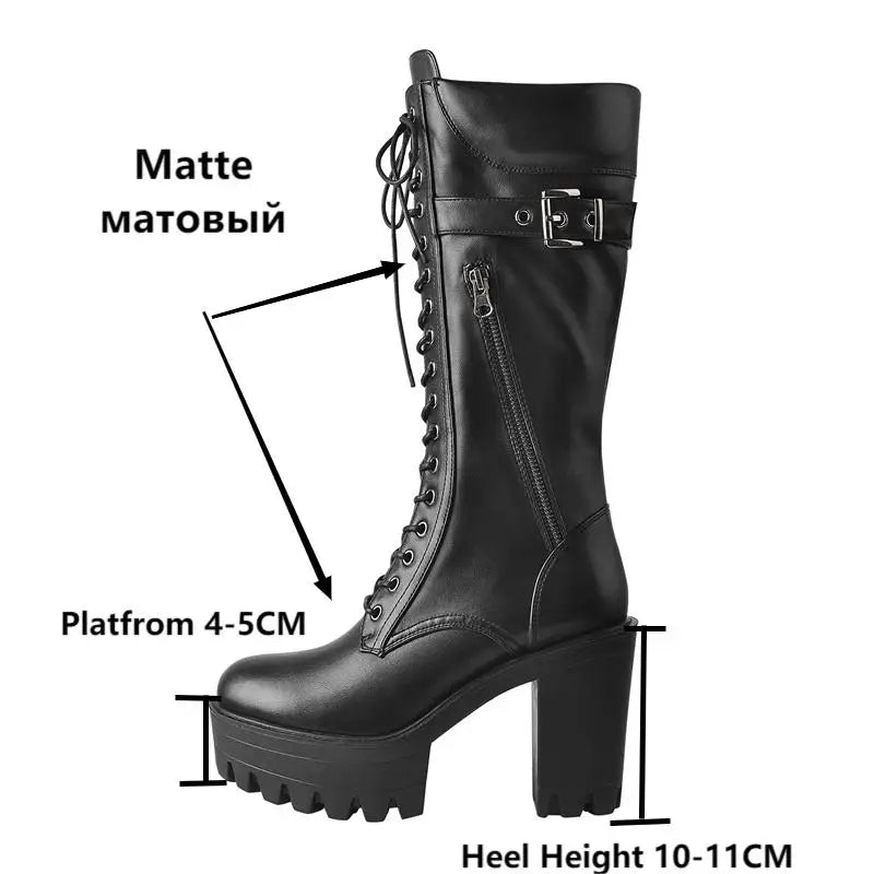 Platform Front Lace-Up Side Zip Knee High Boots  Big Size Winter Black Matte Lady  Boots