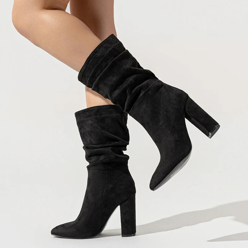 Sexy Pointed Toe Chelsea Ankle Boots Women Black Pleated Flock Square High Heels