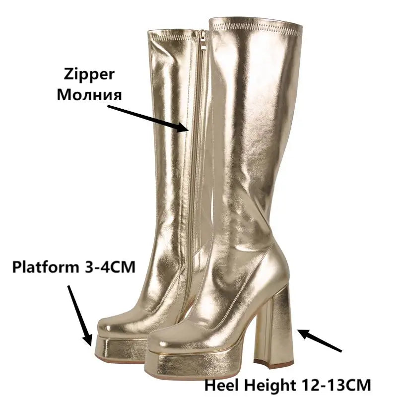 Platform Square Toe Side Zipper Knee High Boots