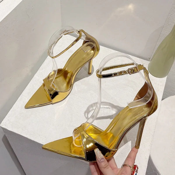 Sexy Pointed Toe Stiletto Sandals Golden Patent Leather Summer Shoes Women