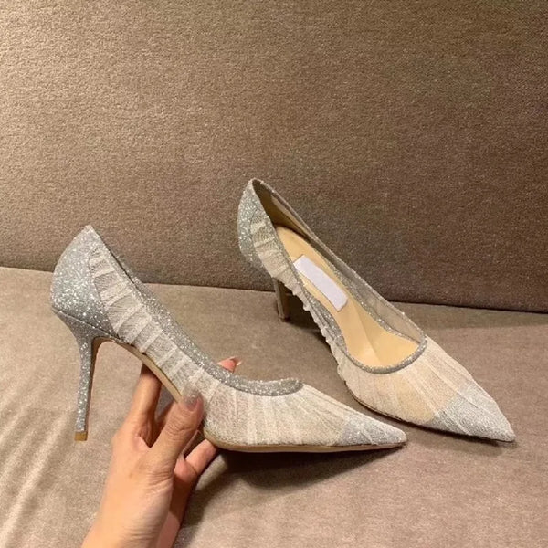 Lace Pointed Mesh Fine Heel Shoes for Women