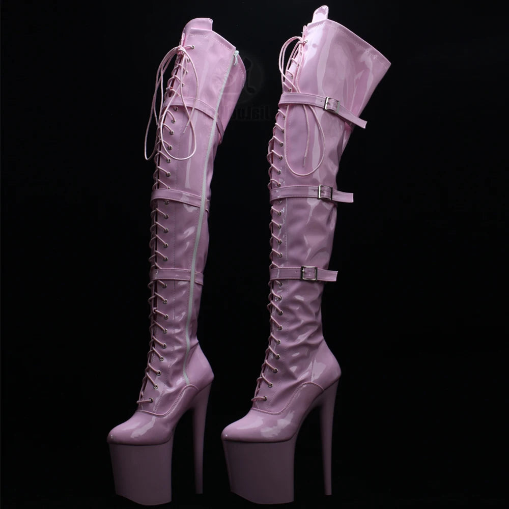 Women Pole Dance Boots 20CM Super High Heel Platform Patent Leather Over The Knee  High Boots