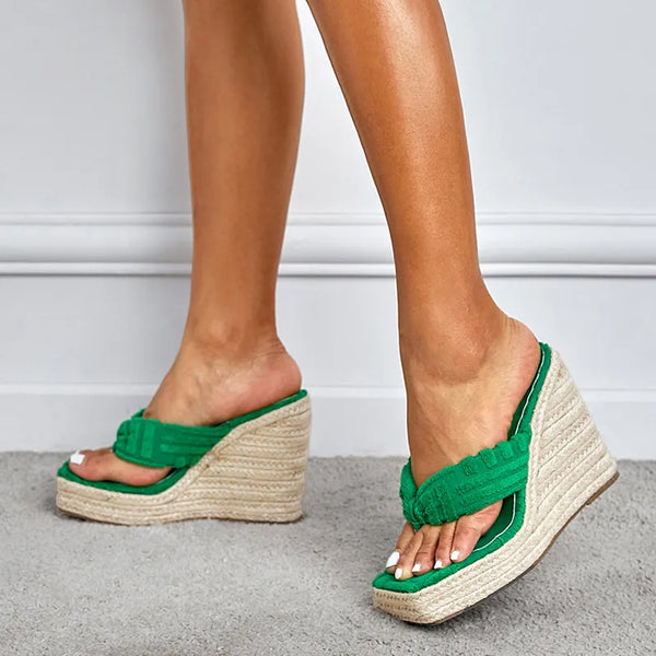 Green Corduroy Narrow Band 13.5CM Wedges Heels Slippers