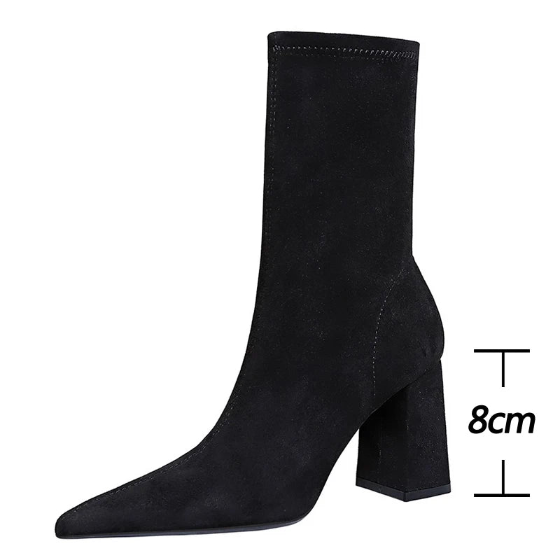 High Heel Boots Suede Women Ankle Boots Pointed Toe Socks Boots Thick Heel Women Shoes