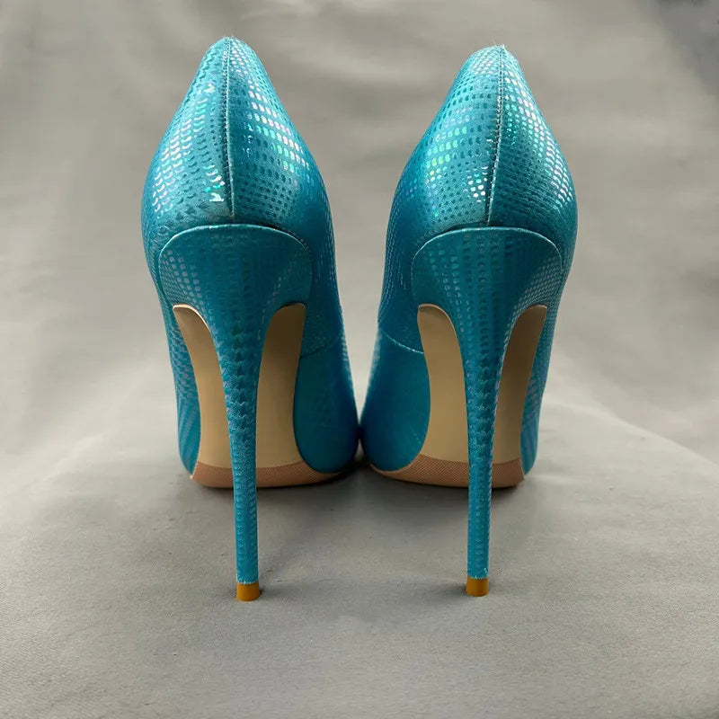 Green Blue Snakeskin Women Slip On High Heel Shoes