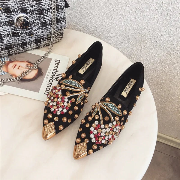 Pointed Toe Women Flat Rhinestones Loafers Autumn Rivets Classic Ladie Flats Shoes