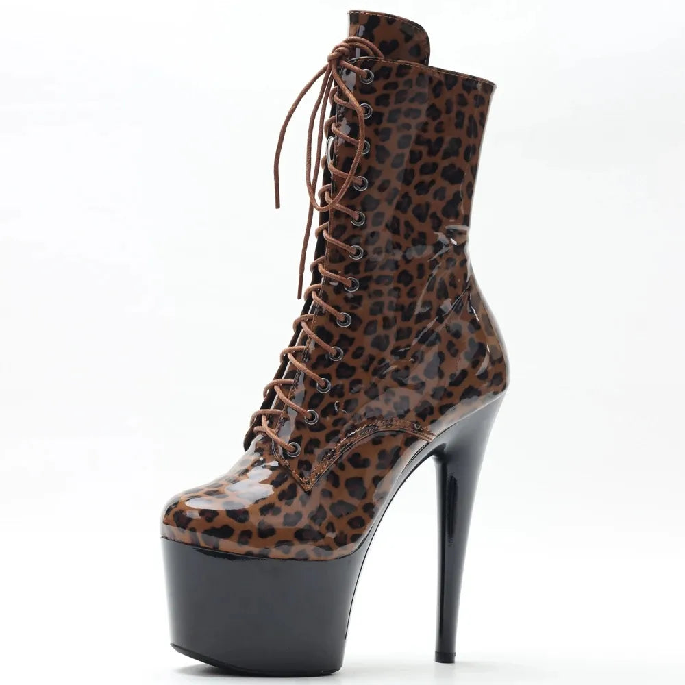 15CM High Spike Heel Platform Side-Zip Cross-tied Round Toe Sexy Lepaord Ankle Boots