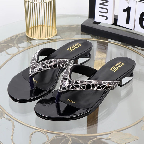 summer wear clip toe low heel rhinestone women's slippers