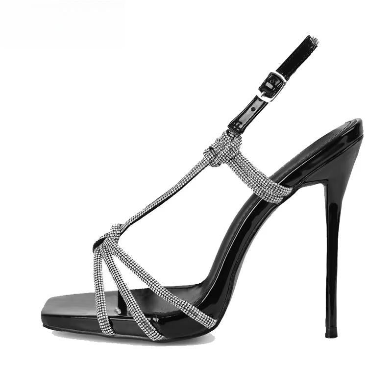 Silver Bling Rhinestone Crystal Sexy Sandals For Women Open Toe Buckle Strap Thin Heels