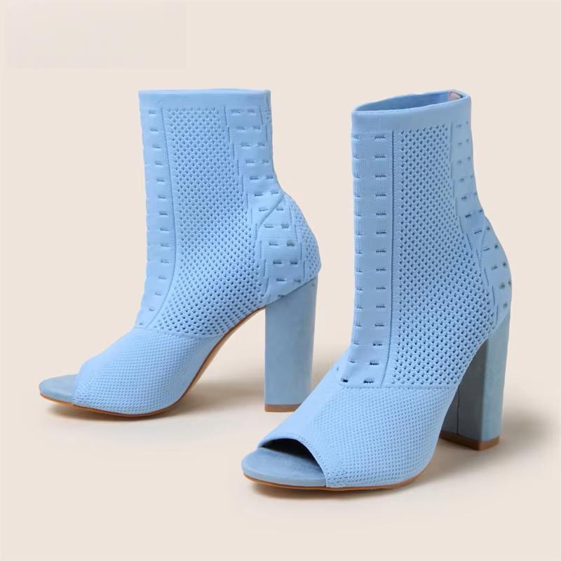 Spring Autumn Fashion Peep Toe  Knitted Stretch Fabric Socks Boots Women Square High Heels