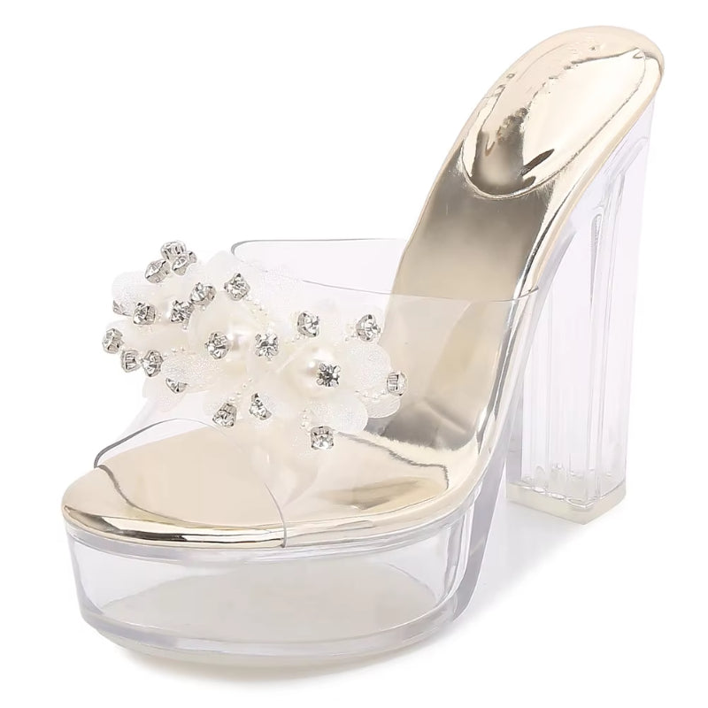 Summer female sandals transparent crystal women Rhineston shoes 13cm thick heels