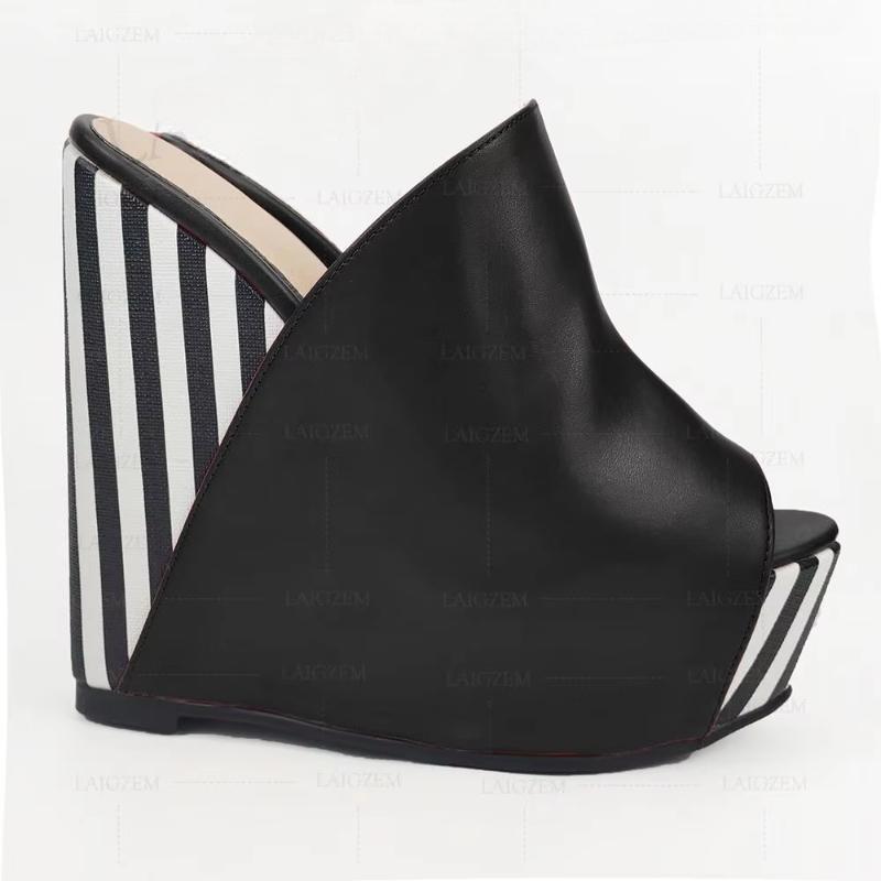 Women Sandals Platform Wedges Stripe Mules Party High Heels Sandalias