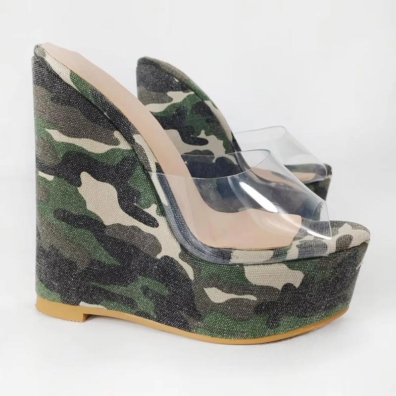 Women Platform Wedges Pumps Camouflage Clear Transparent PVC Sandals