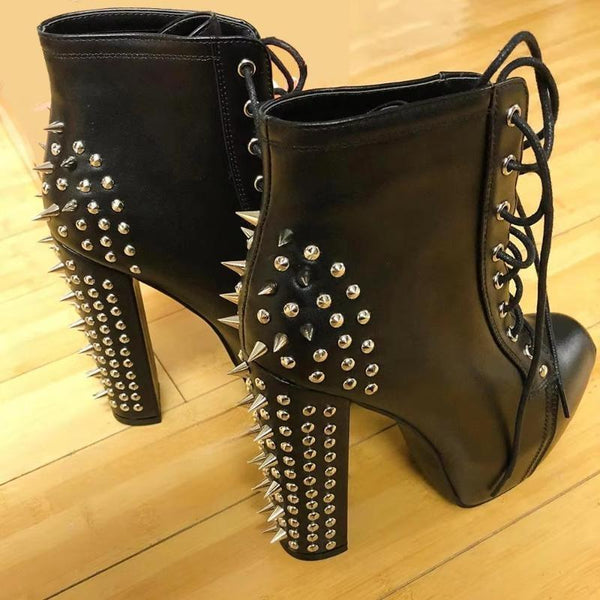 Studded Women Ankle Platform Booties Chunky High Heels Punk Metal Decro Short Boots