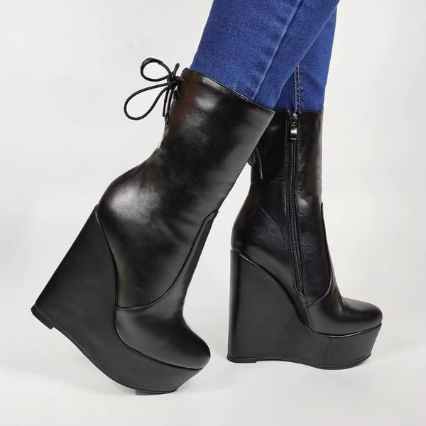 Platform Wedges Faux Leather Short Boots Zip Up Black Shoes