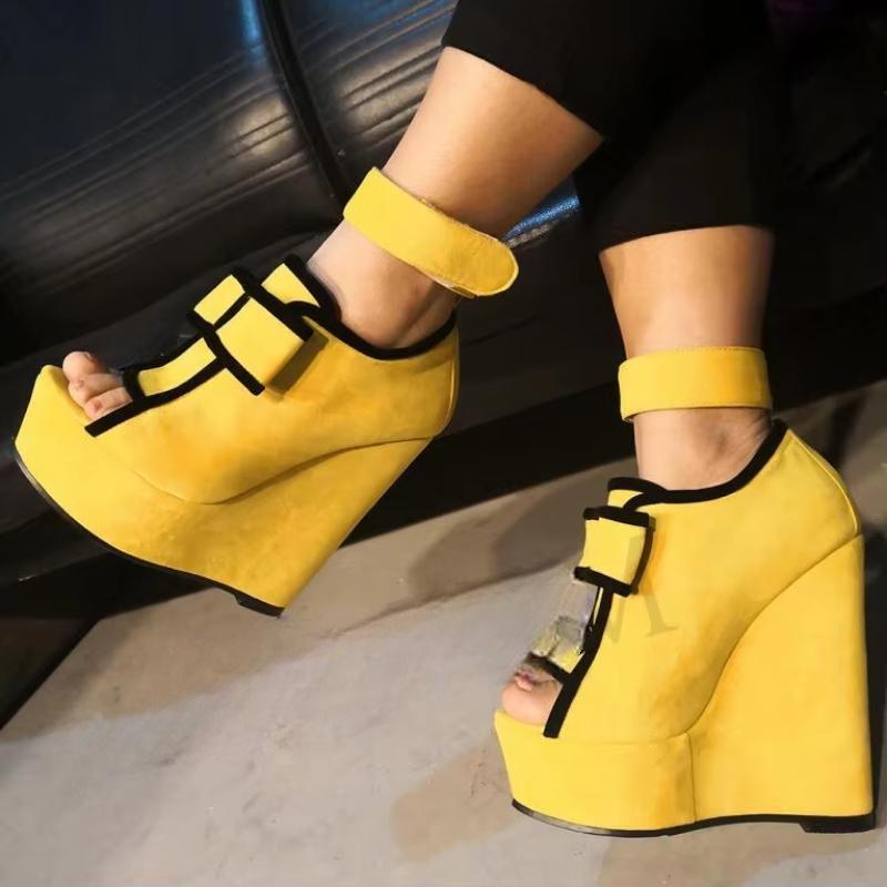 SUPER Women Sandals Faux Suede Platform Wedges Heels Sandals Yellow Shoes Woman