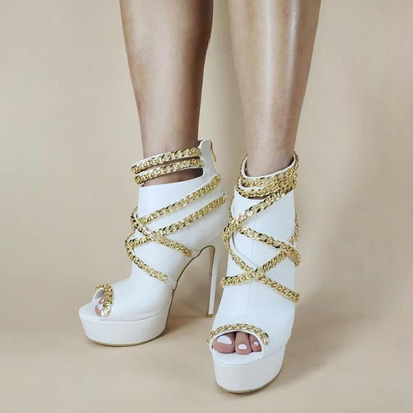 Women Ankle  Platform Booties Chain Back Zip Peep Toe Party Prom Ladies Shoes Woman