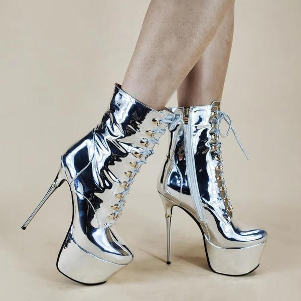 Platform Boots Shiny Silver Stiletto High Heels Pole Dance Club Booties