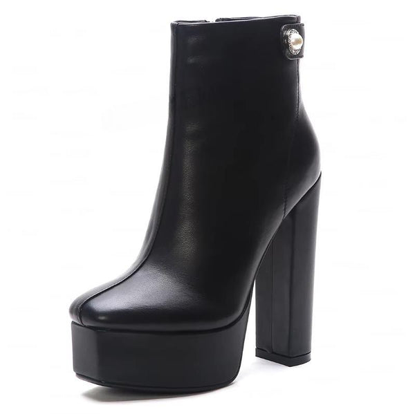 Women Ankle Boots Leather Side Zip Up Chunky High Heel