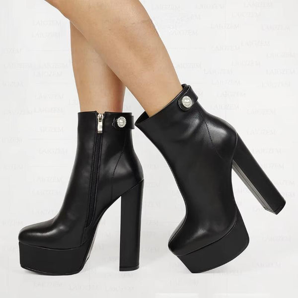 Women Ankle Boots Genuine LEATHER Zip Up Chunky High Heels Short Booties