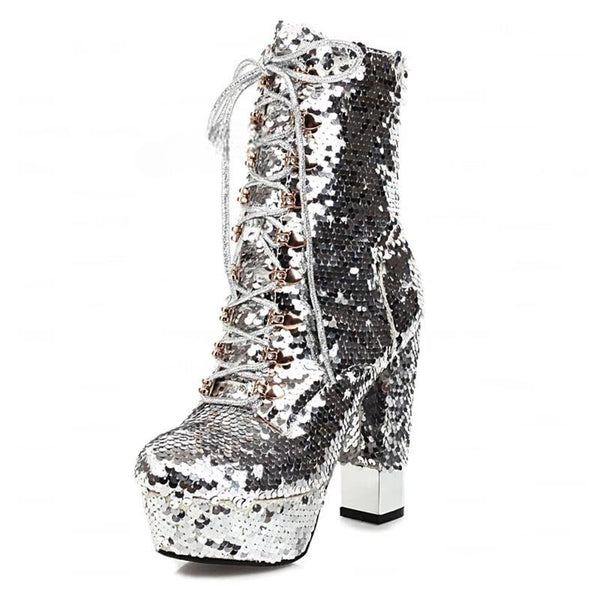 Bling Women Ankle Boots Side Zip Block Square High Heels Sequined Prom Party Female Shoes