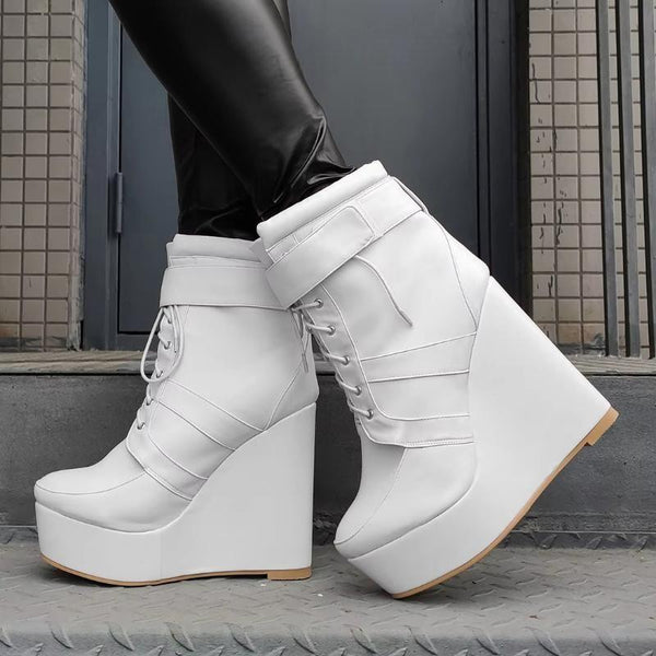 Women Platform Wedges Boots Lace Up High Heeled Boots