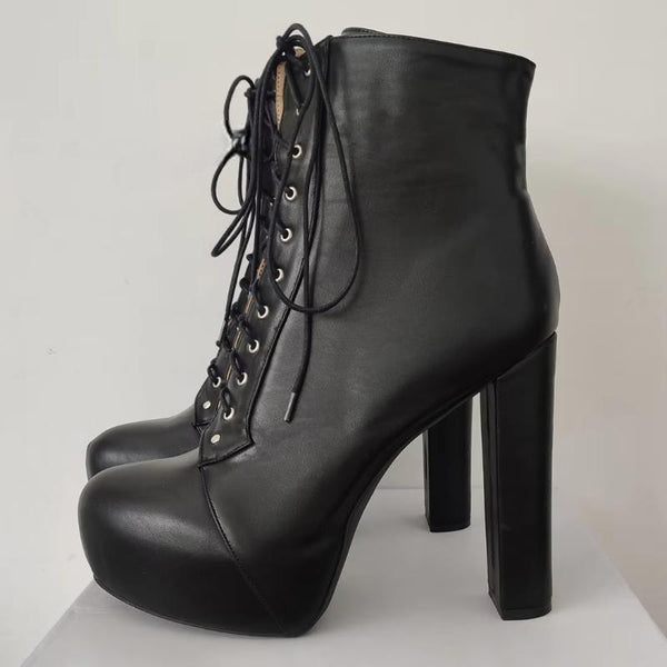 Lace Up Thick Chunky High Heels Boots Faux Leather Female Shoes Woman