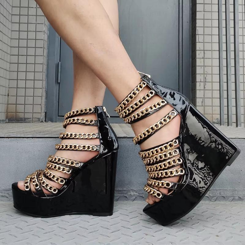 Women Platform Wedges Sandals Shiny Black Metal Chains Open Toe Pumps