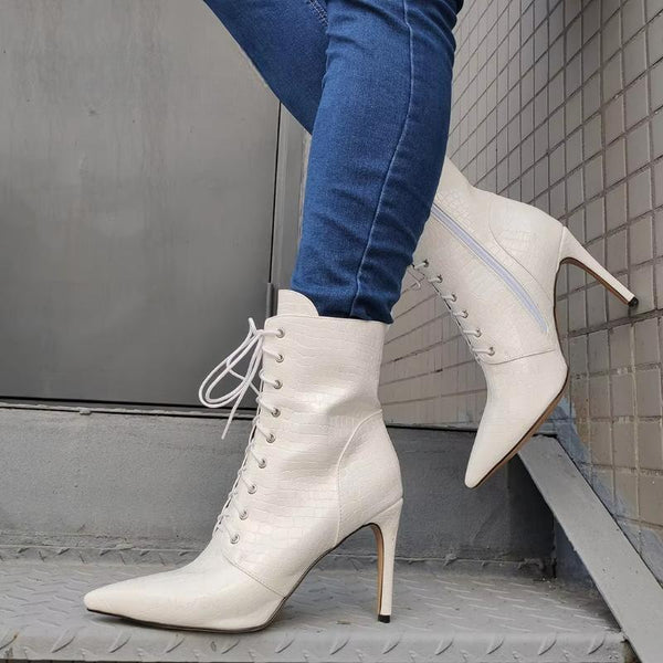 Women Ankle Boots Side Zip Pointed Toe Shoeslace Thin High Heels Short Boots