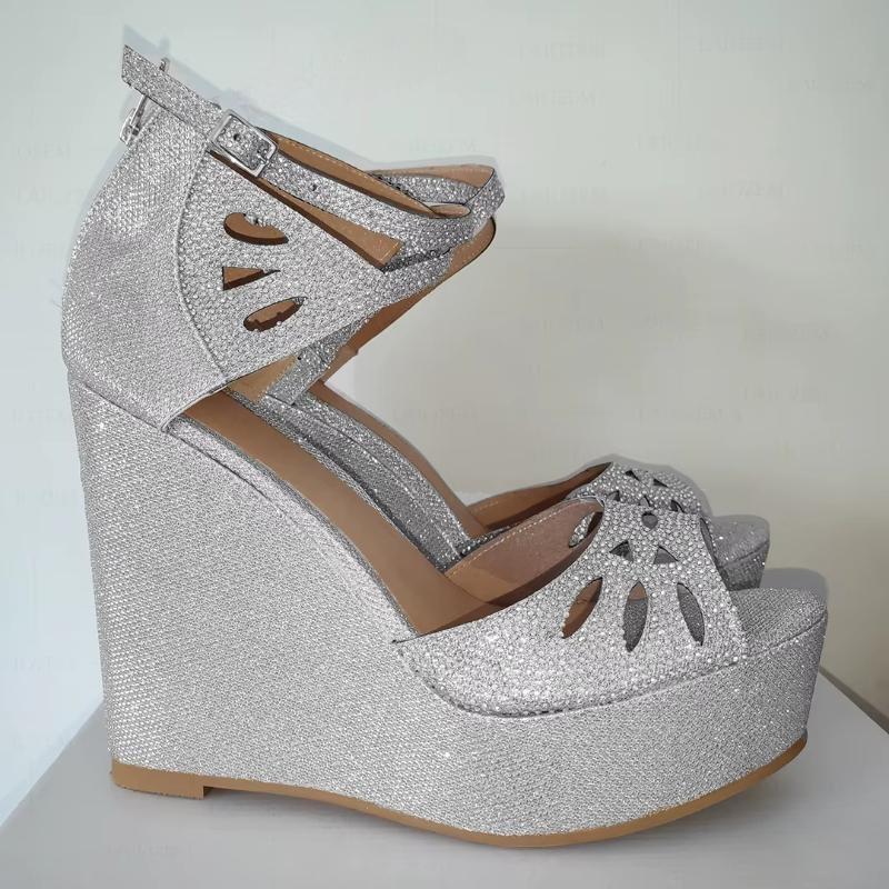 Women Platform Wedges Sandals Wedding Prom Crystal Height Increase Shoes