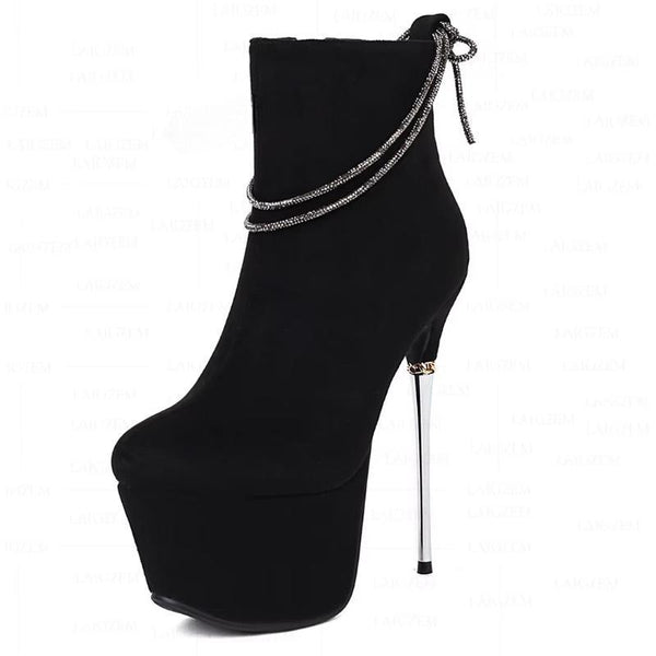 Women Ankle Boots Side Zip Round Toe Metal Stiletto High Heels Booties