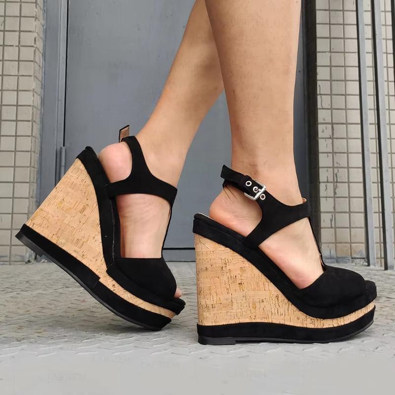 Women Pumps Platform Wedges Faux Suede Patchwork Ankle Straps Sandals