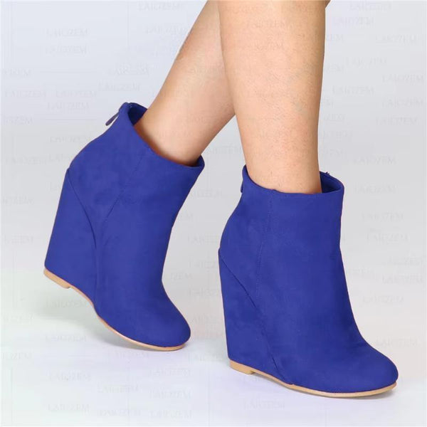 Round Toe Wedges Heels Zip Up Short Booties Faux Suede Ladies Shoes Woman