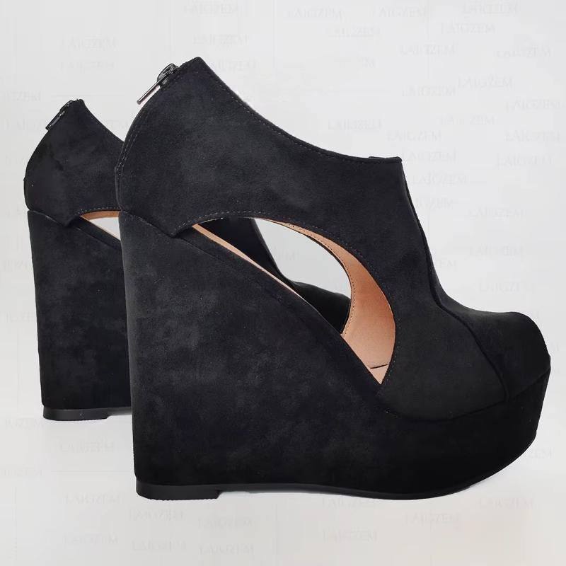 Women Pumps Platform Wedges Faux Suede Back Zip Black Sandals