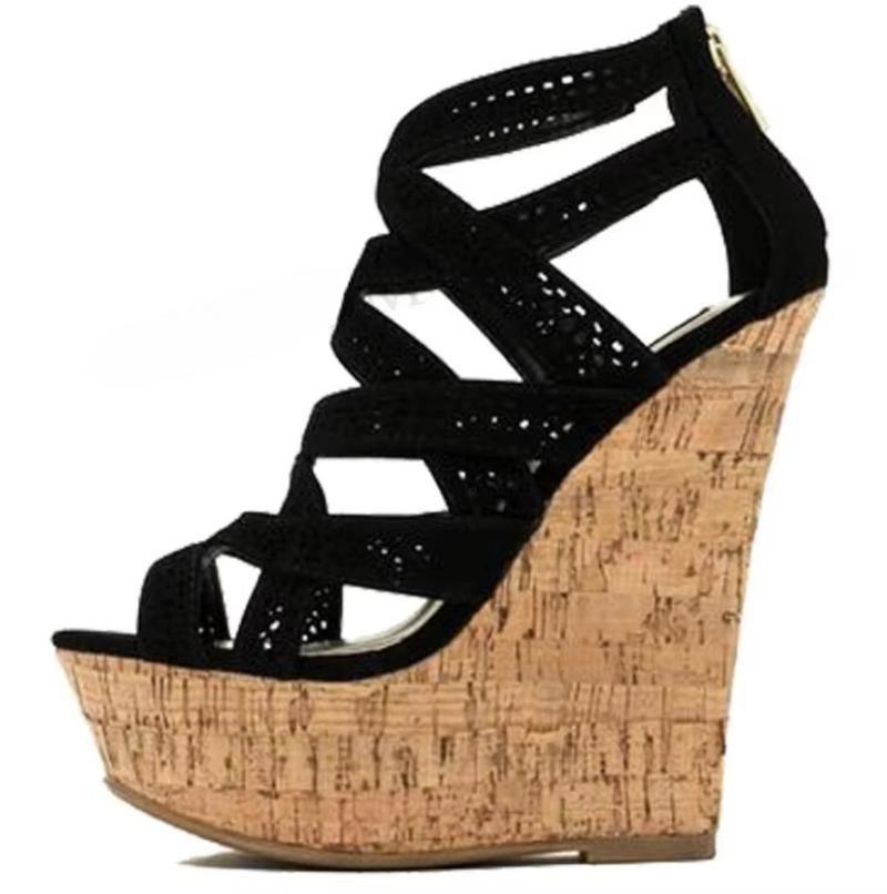 Women Sandals Platform Wedges Faux Suede Back Zip Up High Heels Pumps