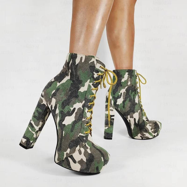 Platform Lace Up Camouflage Chunky High Heels Booties Unisex Comfortable Shoes