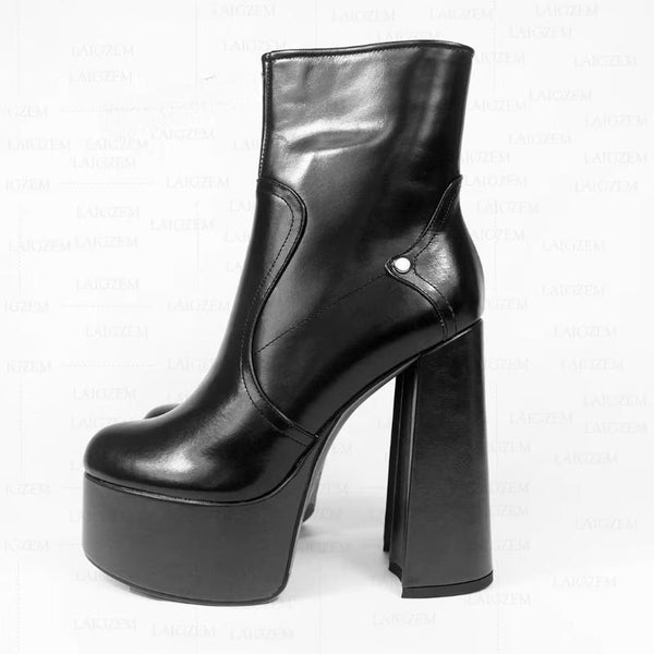 Genuine Leather Platform Zip Up 14.5CM Block Heels Short Booties Ladies Shoes Woman